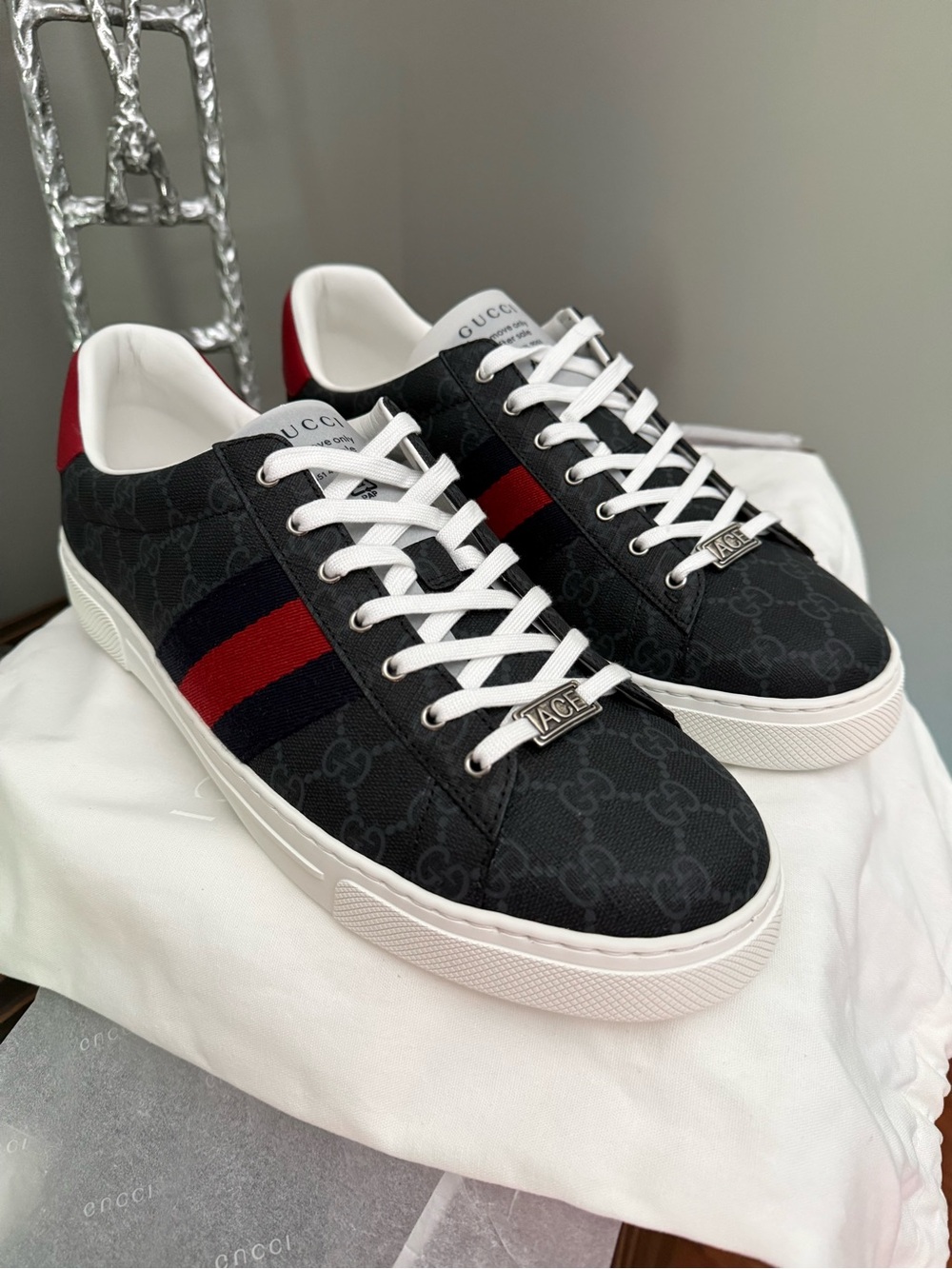Gucci Black GG Canvas Low-Top Sneakers with Red and Blue Web Stripe